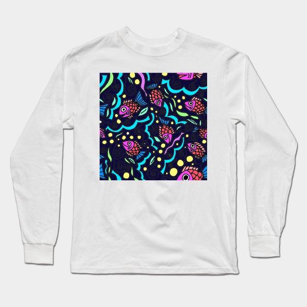 Happy Swimming Fish Black background Long Sleeve T-Shirt by GemmasGems